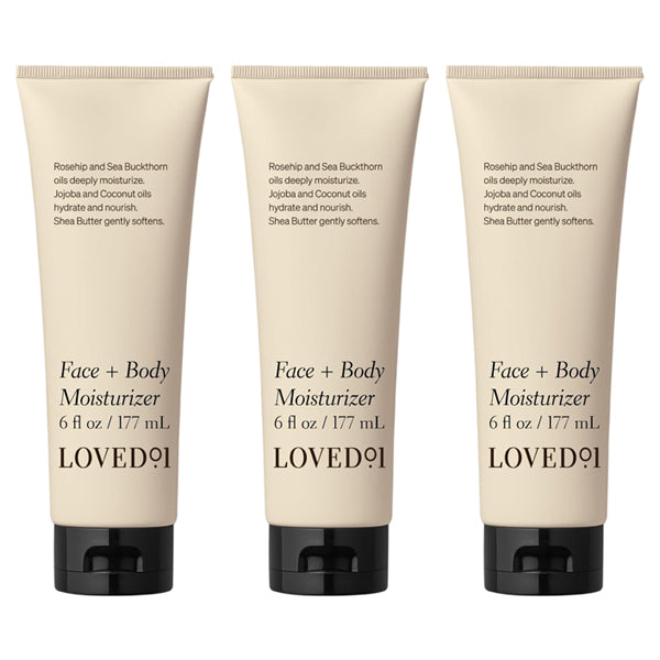 Three-pack of Loved 01 Face + Body Moisturizer with Rosehip & Sea Buckthorn, 6oz each. This plant-based formula hydrates and nourishes face and body.